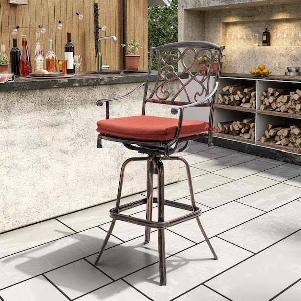 Crestlive Products Swivel Cast Aluminum Outdoor Bar Stool with Sunbrella Red Cushion