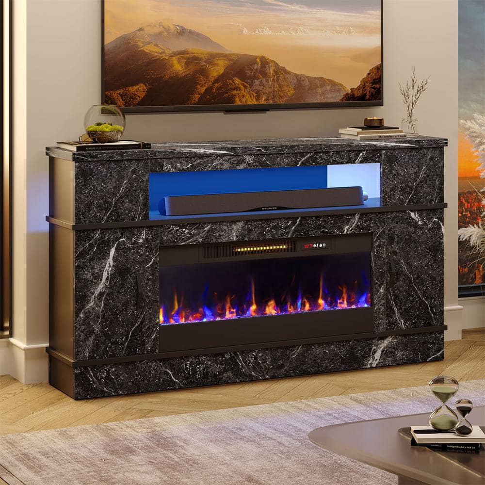 63 in. Black Marble Freestanding Electric Fireplace TV Stand Fits TV Up to 70 in. Entertainment Center with Cabinet