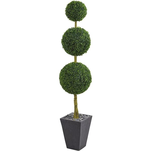 6 ft. Artificial Boxwood Triple Ball Topiary Tree in Slate Planter UV Resistant (Indoor/Outdoor)