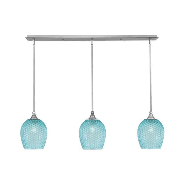 Unbranded Livingston 100-Watt 3-Light Nickel Shaded Pendant Light with 7.5 in. Turquoise Glass Shades, No Bulbs