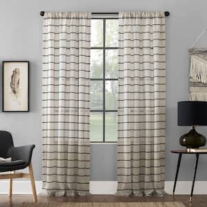 Aso Twill Stripe Linen Blend 52 in. W x 84 in. L Sheer Rod Pocket Curtain Panel in Black/Linen