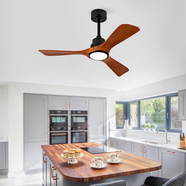 42 in. Indoor Black 3-Solid Brown Wood Blades Downrod Standard Ceiling Fan with Integrated LED and Remote Included