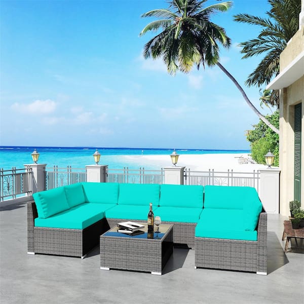 MeetLeisure Gray 7-Piece Wicker Outdoor Patio Conversation Set with Light Blue Cushions
