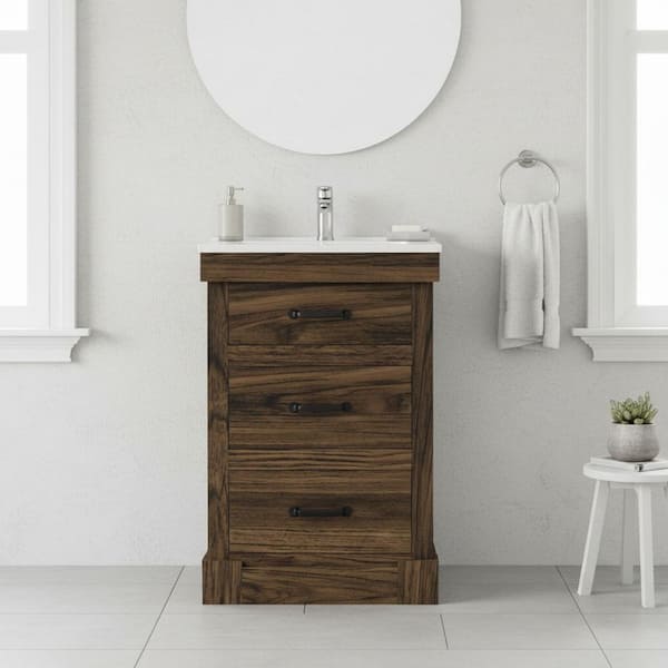 Donovan 24.02 in. Single Sink Freestanding Walnut Bath Vanity with White Ceramic Integrated Square Top
