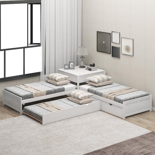 Qualler White Twin L-Shaped Platform Bed with Trundle and Built-in Desk