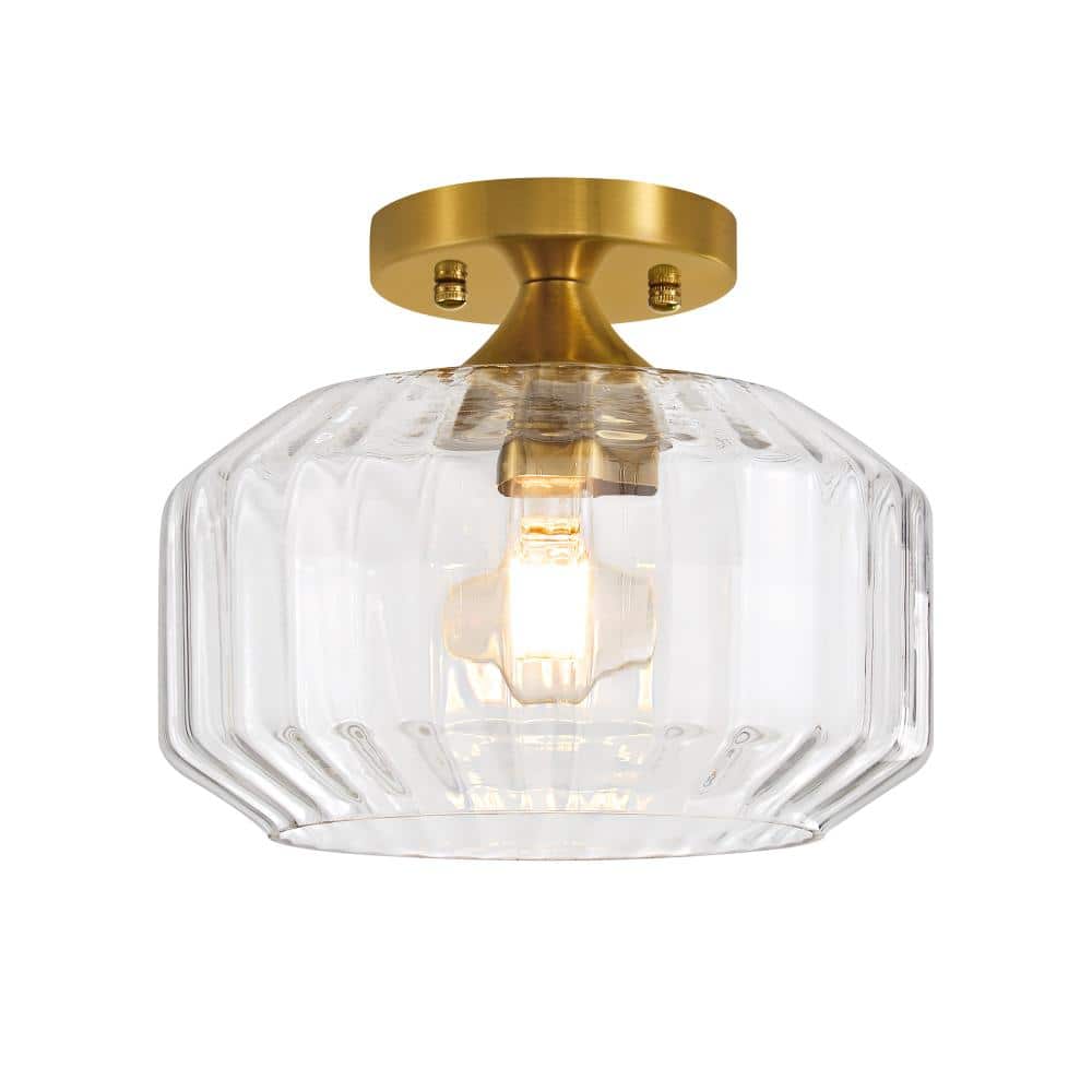 Modern 9.84 in. 1-Light Brushed Gold Flush Mount with Textured Clear Glass Shade and No Bulbs Included 1-Pack price history on PriceWatchPro