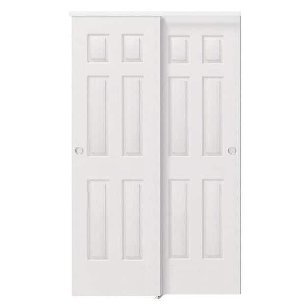60 in. x 80 in. 6-Panel Honeycomb Core White Primed MDF Sliding Door with Handle, Hardware Track Kit and Floor Guide
