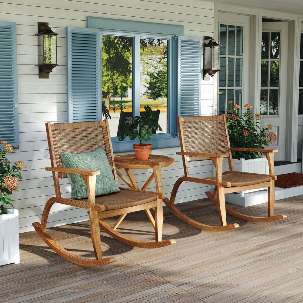Brown 2 Pieces Acacia Wood Outdoor Rocking Chair Set