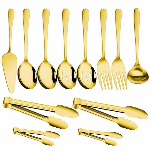 12-Piece Elegant Gold Stainless Steel Serving Utensil Set Flatware Serving Set for Buffet Catering Dinner Party Wedding