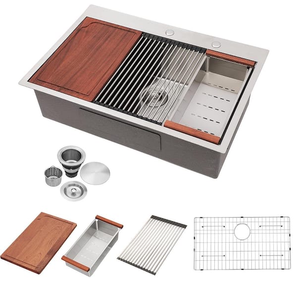 HBEZON Brushed Nickel 16-Gauge Stainless Steel 30 in. Single Bowl Drop-in Workstation Kitchen Sink with Cutting Board