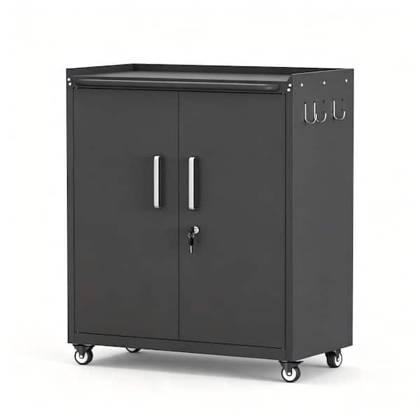 Rolling Metal Storage Cabinet with Lock & 2 Keys, Adjustable Shelves Mobile Steel Tool Locker w/Wheels Side Hooks, Black
