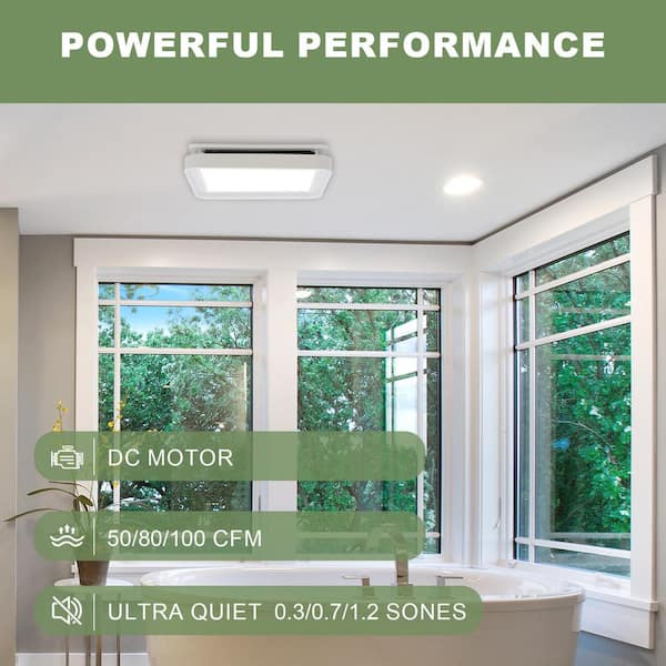 DC Bathroom Exhaust Fan Light, 50-80-100 CFM, 15-Watt Dimmable 3CCT LED Light with 2-Color Night Light, Square, White