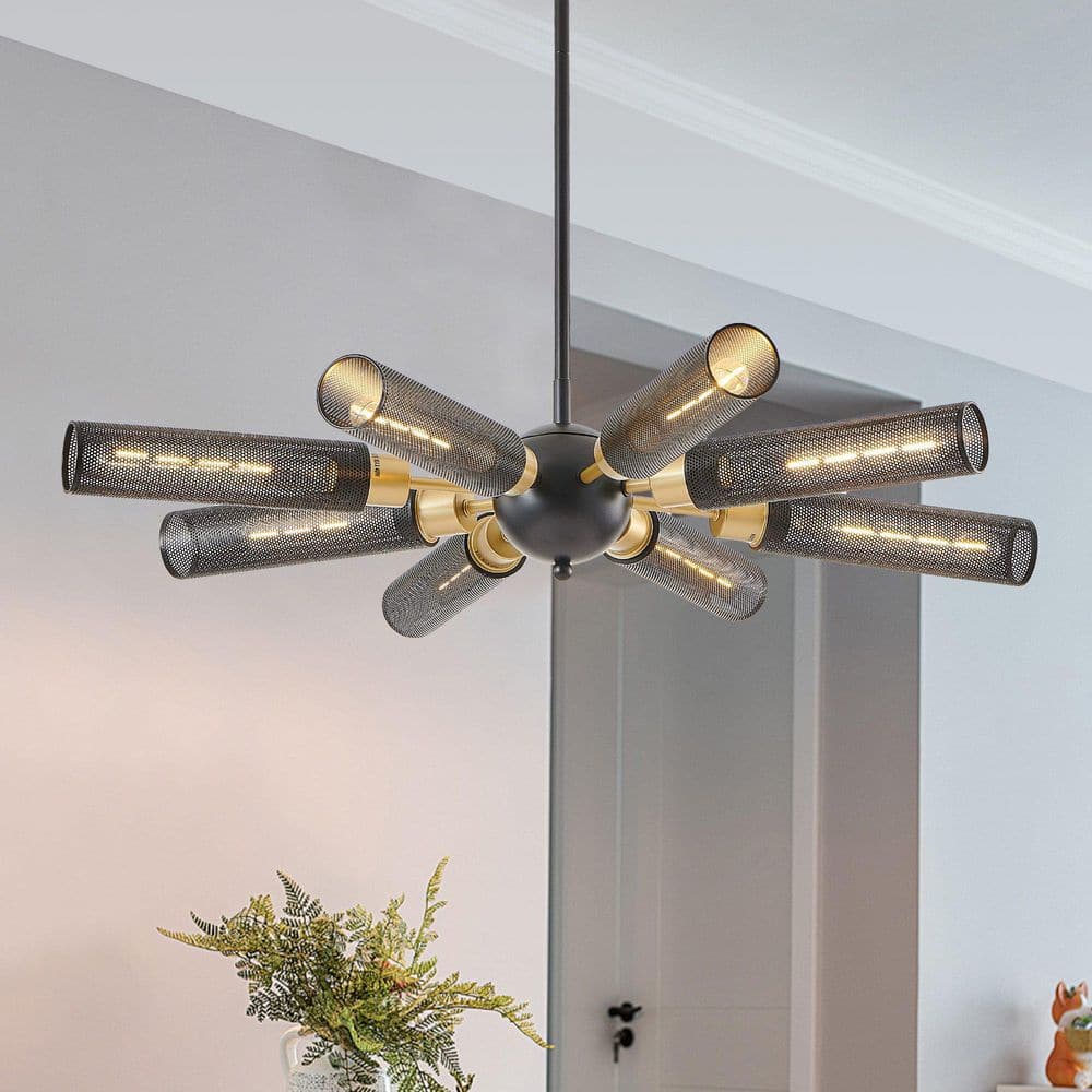 Zelvos 34 in. 8-Light Modern Black and Gold Pendant Chandelier with Cylindrical Mesh Shades for Dining Room, Kitchen price history on PriceWatchPro
