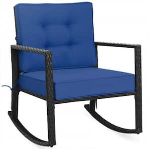 Patio Rattan Wicker Rocking Chair Outdoor Rocking Chair with Navy Cushions