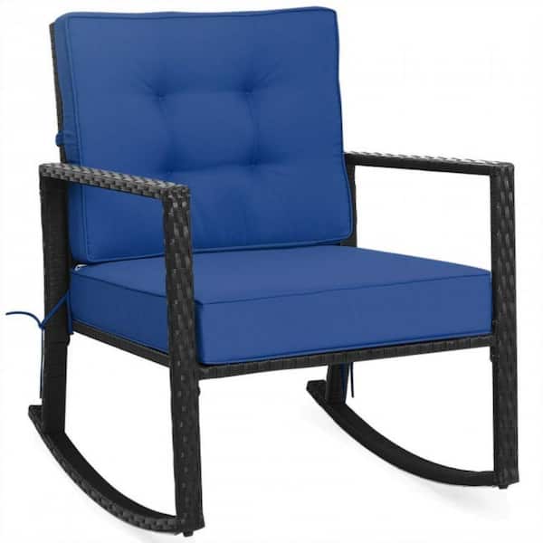 Alpulon Patio Rattan Wicker Rocking Chair Outdoor Rocking Chair with Navy Cushions