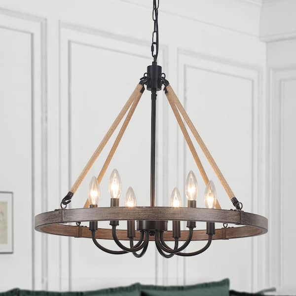 6-Light Natural Hemp Rope Candlestick Wagon Wheel Chandelier Linear Chandelier Lighting for Kitchen Island