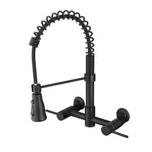 Double Handle Wall Mounted Pull-Down Sprayer Kitchen Faucet with Flexible and Power Clean in Matte Black