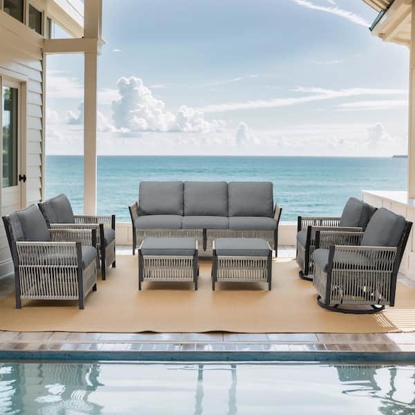 Buenaola Nyajiah 7-Piece Wicker Outdoor Patio Conversation Set with Gray Cushions