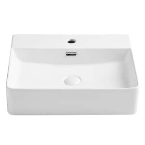 White Ceramic Rectangular Above Counter Vessel Sink with Pop Up Drain Faucet Hole and Overflow