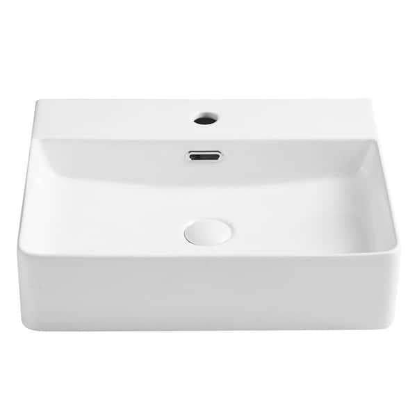 Boyel Living White Ceramic Rectangular Above Counter Vessel Sink with Pop Up Drain Faucet Hole and Overflow