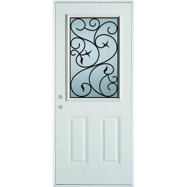 Stanley Doors 36 in. x 80 in. Silkscreened Glass 1/2 Lite 2-Panel Painted White Right-Hand Inswing Steel Prehung Front Door