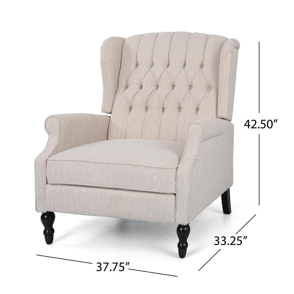 Handcrafted Birch Wood Oversized Beige Recliner with Dark Brown Legs