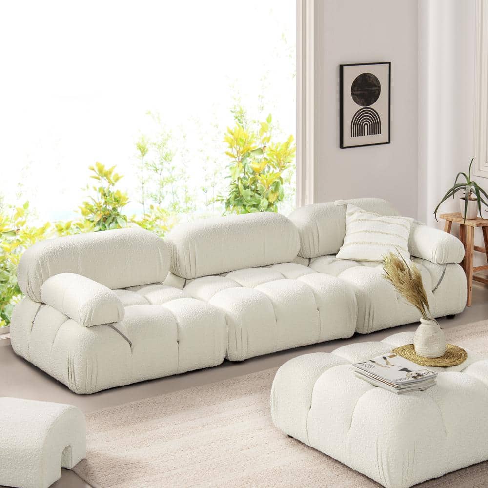 Ivory White Bouclé 3-Piece Tufted Lawson Sofa with Wood Frame