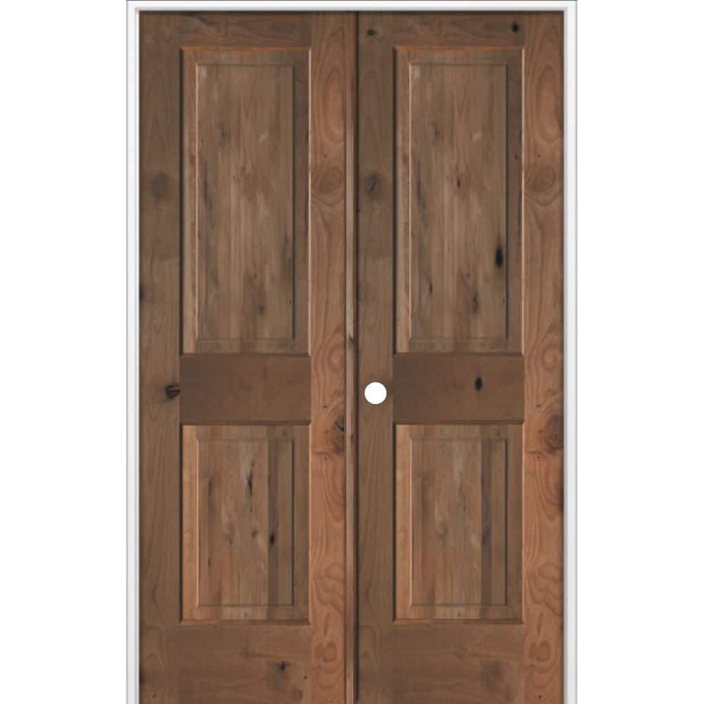 56 in x 80 in. Rustic Knotty Alder 2-Panel Right Hand Solid Core BEHR True Black Stain Wood Double Prehung Interior Door price history on PriceWatchPro