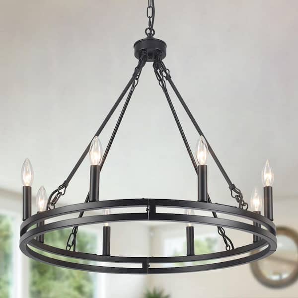 LWYTJO 26 in. 8-Light Matte Black Modern Candle Style Dimmable Wagon Wheel Chandelier Kitchen Stairway Foyer