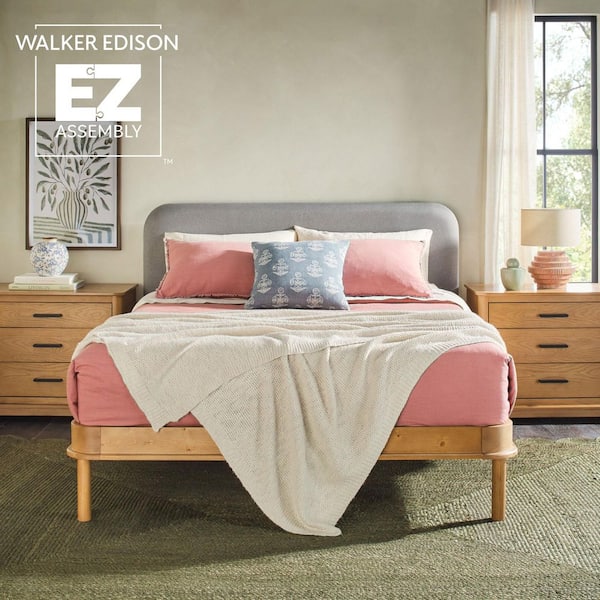 Walker Edison Furniture Company Contemporary Brown and Grey Solid Wood Frame Queen Platform Bed with Elegant Curved Upholstered Headboard