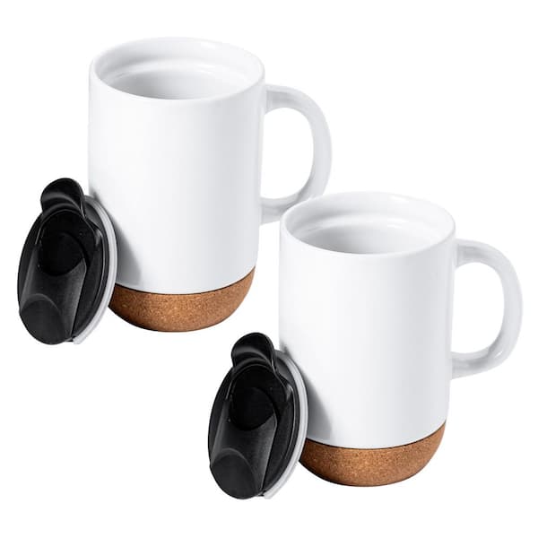 Modani 2 Piece 16.5 Ounce Stoneware Mug Set in White with Lid and Cork Base
