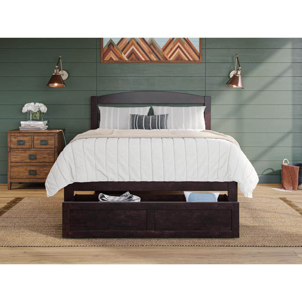 Espresso Solid Wood Queen Platform Bed with Foot Drawer