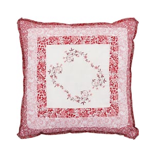 Caroline Red/Pink Floral Embroidered Polyester Filled 16 in. Square Pillow