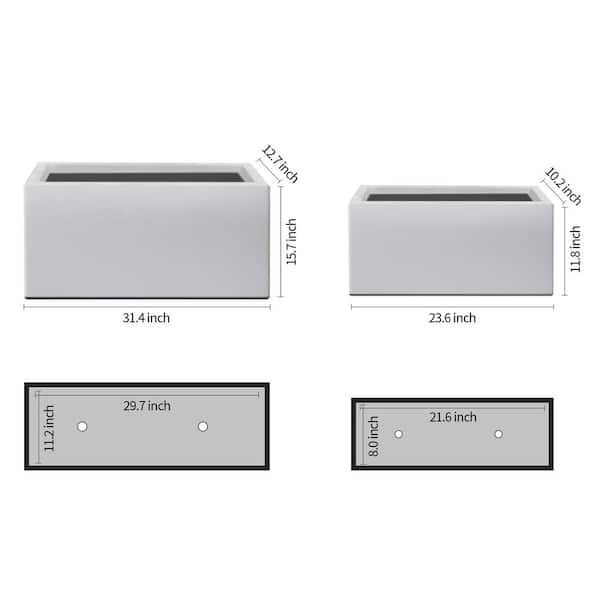 32 in. and 24 in. L Light-Weight Pure White Concrete Rectangular Metal Planter Pots, with Drainage Hole (Set of 2)