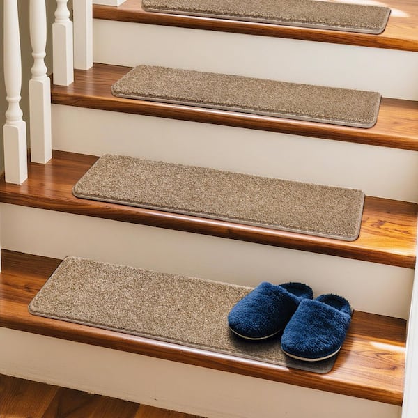 Camel Brown 8 in. x 30 in. Polypropylene Carpet Stair Tread Cover Protector Mat Rug Self Adhensive Tape Free Set of 12