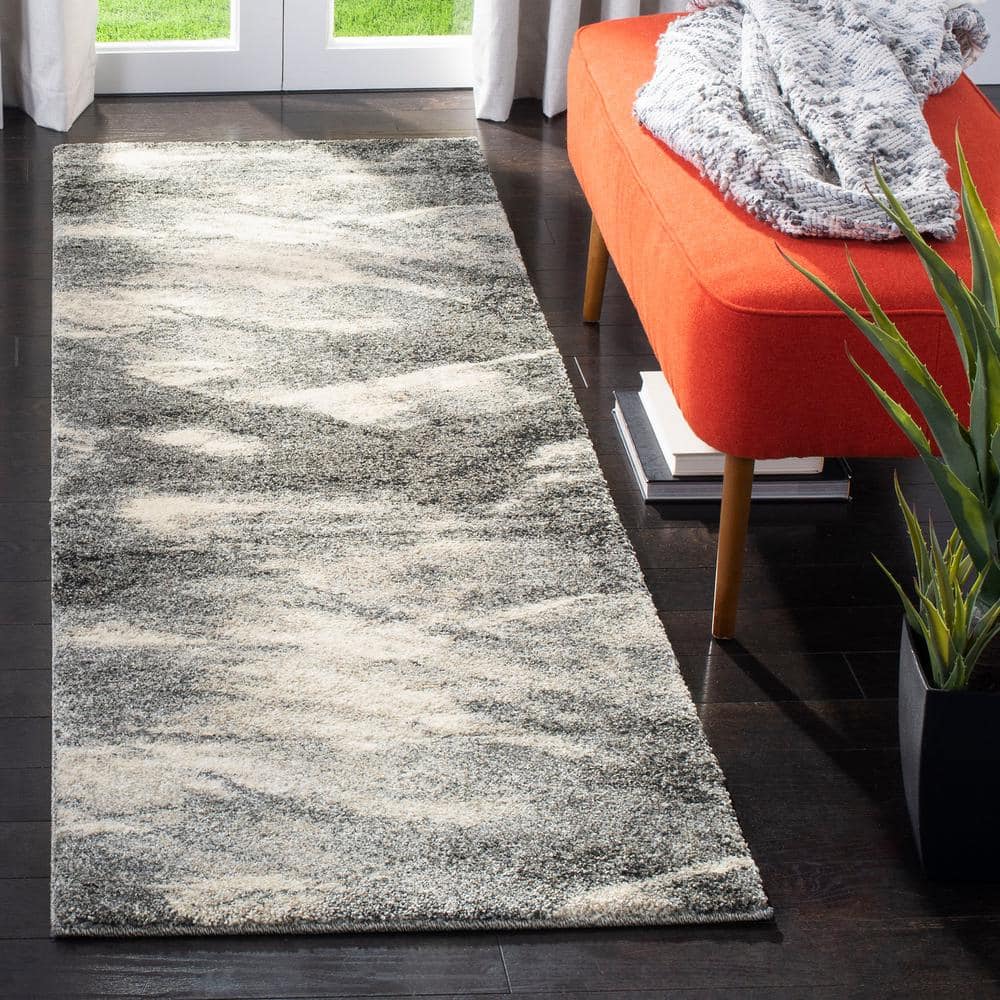 Abstract Grey Ivory Shag 2'3" x 11' Runner Synthetic Rug