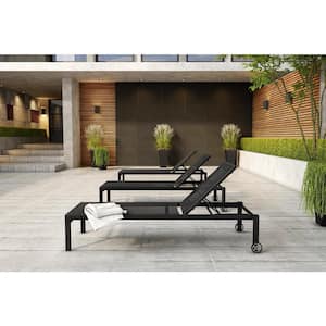 Black Brushed Aluminum Outdoor Chaise Lounge with Wheels Stackable (Set of 2) - No Assembly Required