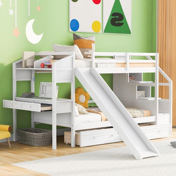 Polibi White Twin Over Twin Bunk Bed with Storage Staircase, Slide and Drawers, Desk with Drawers and Shelves