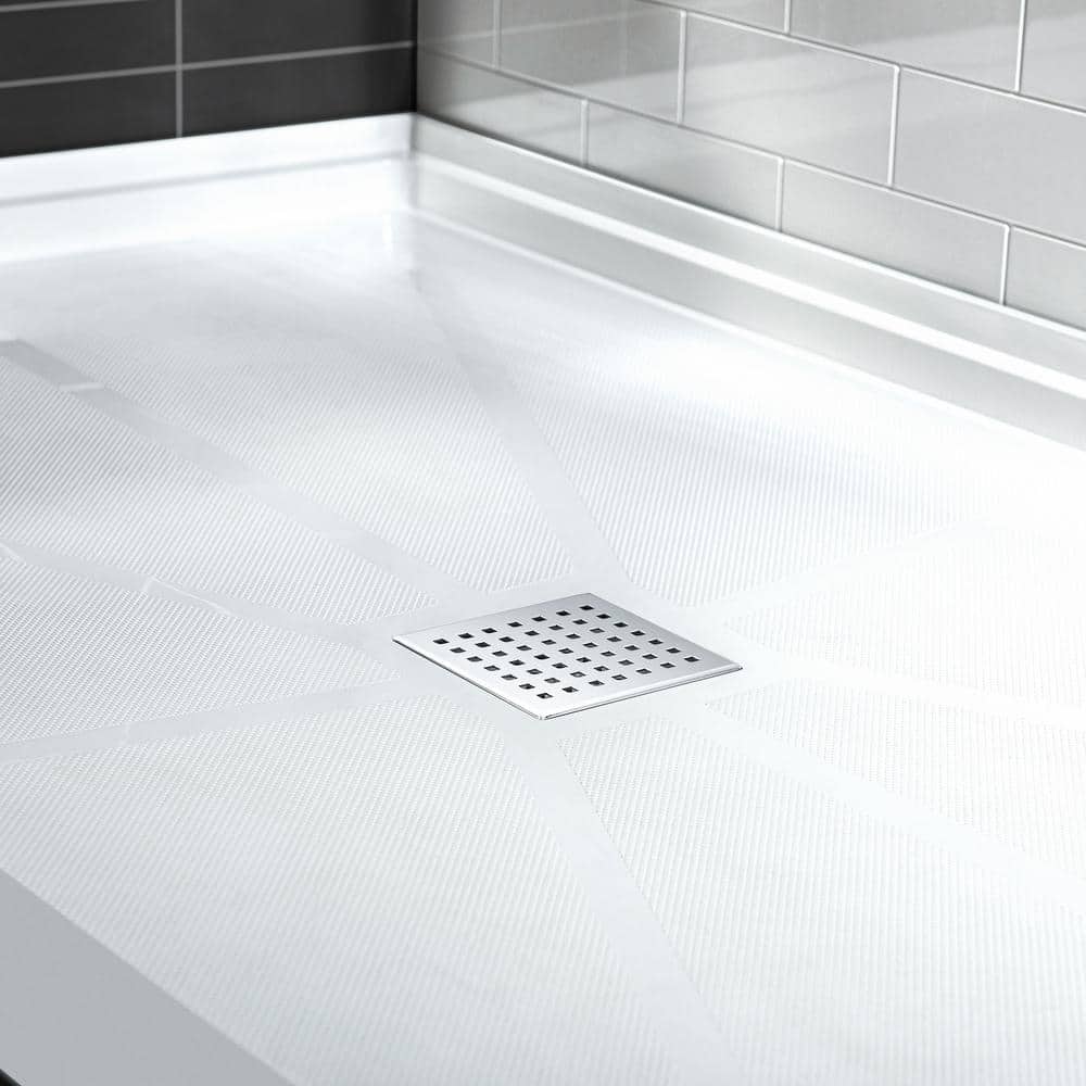 36" White Rectangular Shower Pan Base with Polished Chrome Drain Cover