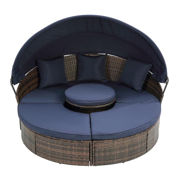 Tenleaf Brown Wicker Outdoor Day Bed with Navy Blue Cushions, Lift Coffee Table