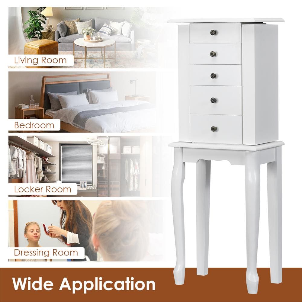 White Wall Mounted Jewelry Armoire with Mirror and Drawers