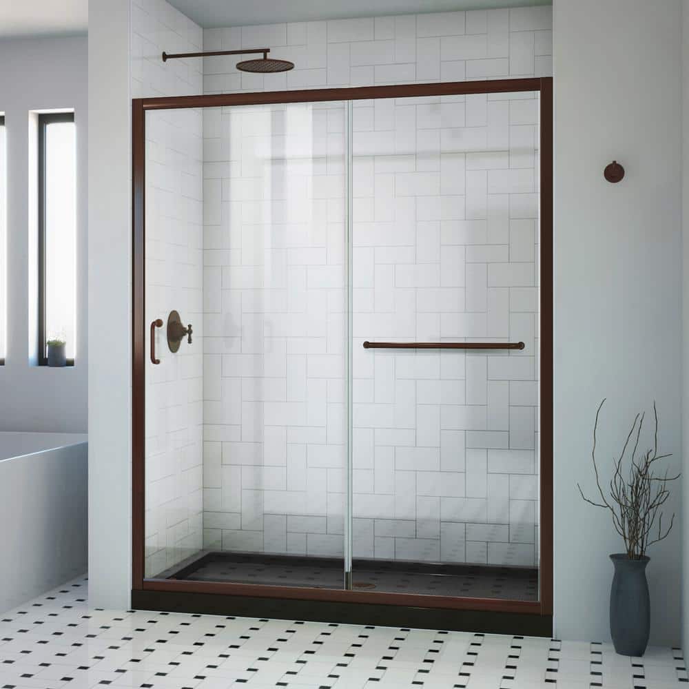 32 in. L x 60 in. W x 76 3/4 in. H Alcove Shower Kit with Sliding Semi-Frameless Shower Door in Bronze and CB Shower Pan price history on PriceWatchPro