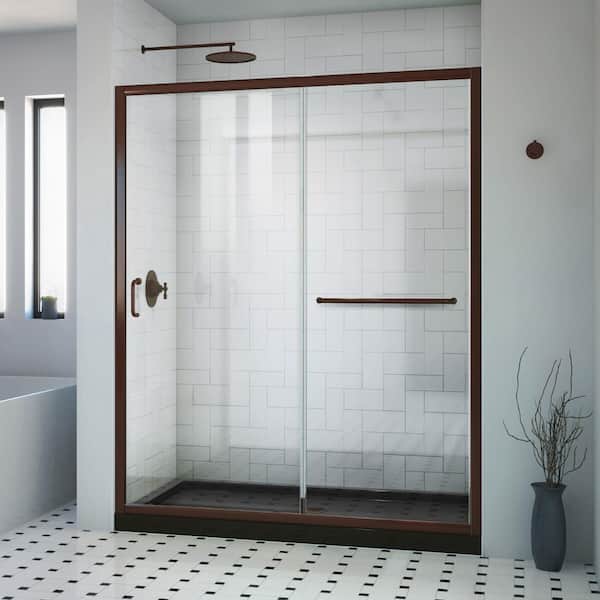 DreamLine 36 in. L x 60 in. W x 76 3/4 in. H Alcove Shower Kit with Sliding Semi-Frameless Shower Door in Bronze and CB Shower Pan