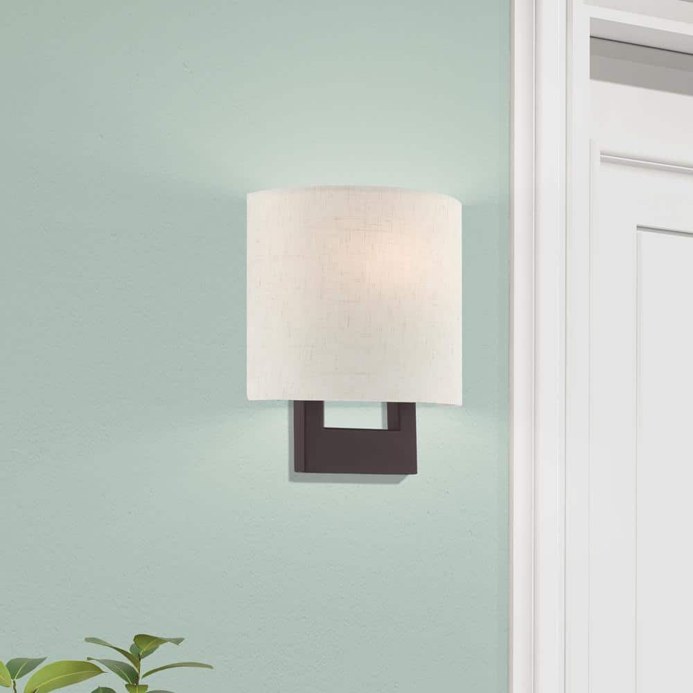 Hayworth Bronze 1-Light Dimmable Wall Sconce with Oatmeal Shade