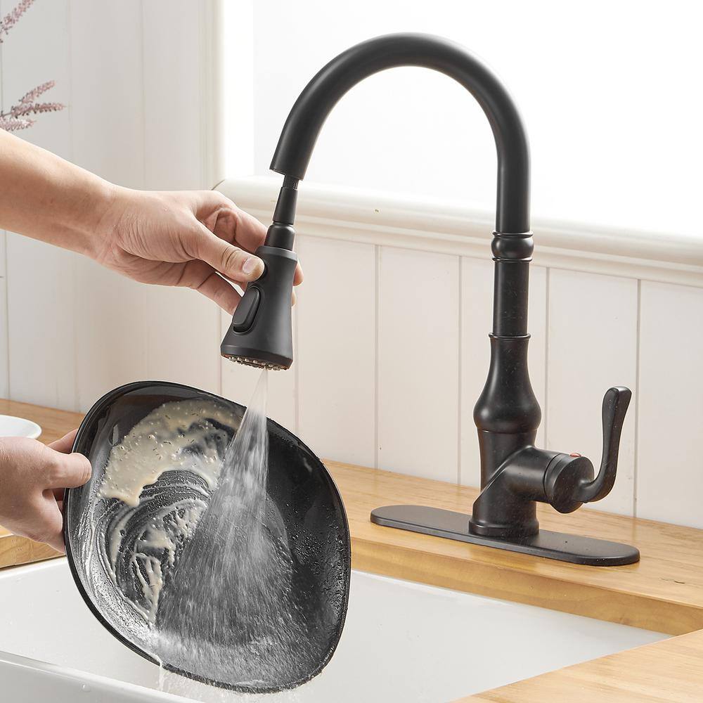 Matte Black Single-Handle Pull-Down Kitchen Faucet with Deck Plate