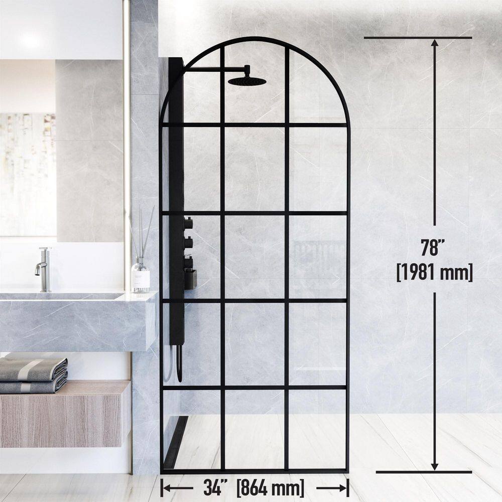 Arden 34" W x 78" H Matte Black Framed Shower Screen with Clear Grid Glass