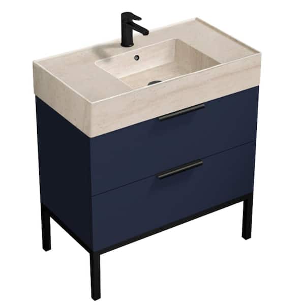 Derin 31.89 in W x 17.32 in D x 34.65 in H Freestanding BathVanity in Navy Blue with Ceramic Beige Travertine Design Top