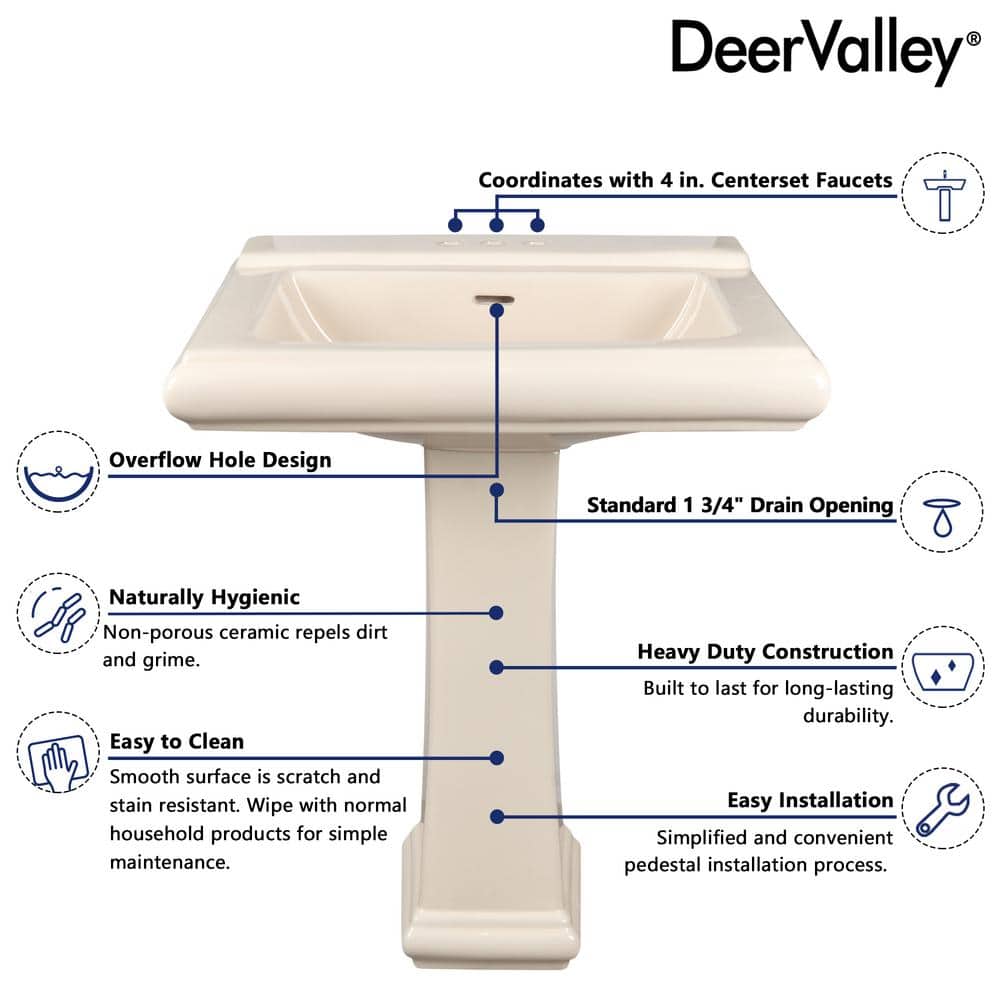 Bone Ceramic Rectangular Pedestal Bathroom Sink with Triple Faucet Holes