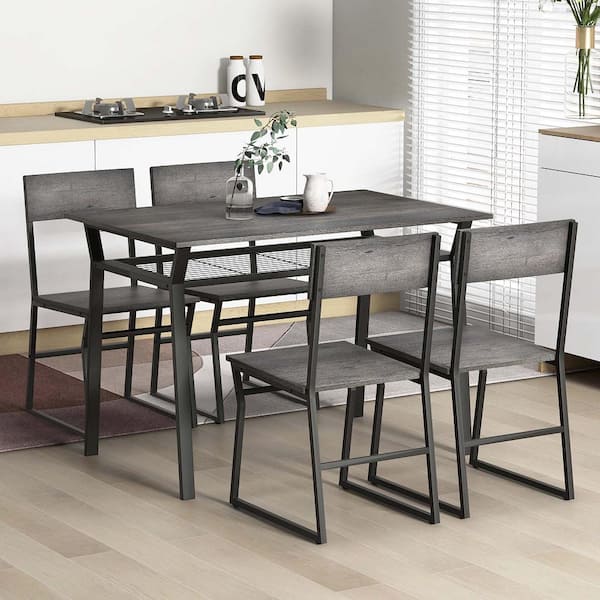 5-Piece Grey Wood Top Dining Table Set Industrial Rectangular Kitchen Table with 4-Chairs