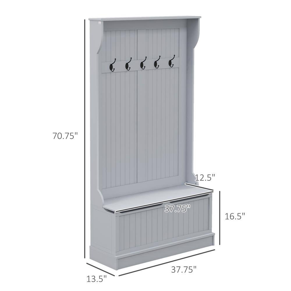 Gray Engineered Wood Hall Tree with Storage Bench and Metal Hooks